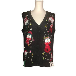 Vintage HOLIDAY EDITION Sz M Women's Black Snowman Lights Button Up Sweater Vest